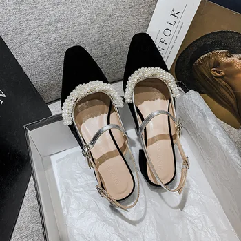 Женская обувь Pearl Mary Jane, весна-лето, обувь для девочек в стиле ретро, Высокие каблуки, большие размеры, босоножки с острым носком, босоножки на толстом каблуке, черные каблуки