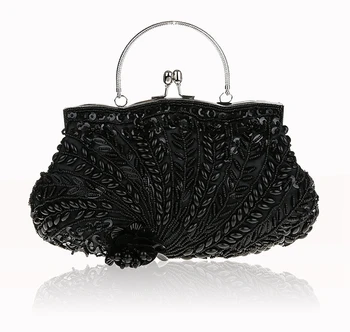 Модная черная женская сумочка для банкета, расшитая бисером, клатч для вечеринки, свадебная вечерняя сумочка с цепочкой на плечо, косметичка 03607