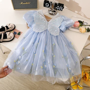 Летнее детское платье, летняя газовая юбка для девочек, платье принцессы на день рождения с бабочкой, детские бальные платья с цветочным рисунком из слоеной вуали, платья 2-8 лет