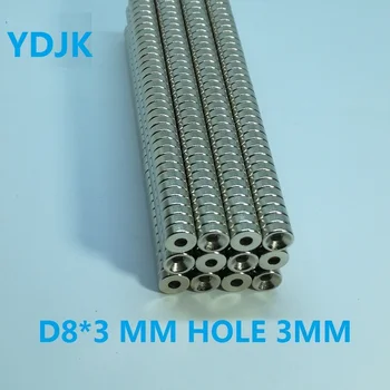 100 шт./лот дисковый неодимовый магнит с 8 * 3 отверстиями 3 круглых редкоземельных постоянных магнита NdFeB N35 8x3-3