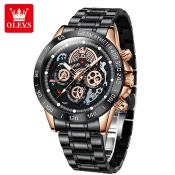 2023 Новый бренд OLEVS, Мужские кварцевые наручные часы, Классический Модный деловой ремешок из нержавеющей стали, Водонепроницаемый браслет с хронографом.