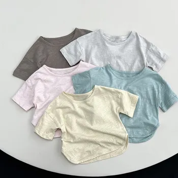 Детская повседневная футболка кремового цвета для детей 2-6 лет, Милый пуловер для девочек, топы с короткими рукавами для мальчиков, летний тонкий костюм высокого качества для малышей