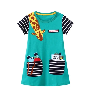 Летнее платье с короткими рукавами из мультфильма для маленьких девочек 2023 года с прекрасным жирафом, хлопковая Мягкая повседневная одежда для детей 2-7 лет
