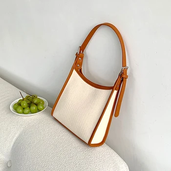 Винтажная контрастная холщовая сумка, женская летняя новая сумка-тоут на плечо с панелями, стильная универсальная квадратная сумка премиум-класса для подмышек