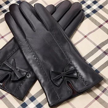Зимние Роскошные Женские черные перчатки с сенсорным экраном из натуральной 100% натуральной кожи, Варежки, модные Перчатки для вождения с кружевным бантом G606