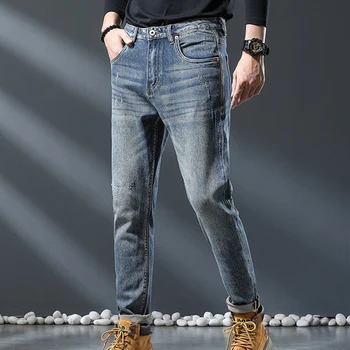 Джинсы Мужские брюки стрейчевые ностальгические большие размеры классические осенне-зимние новые брендовые простые длинные джинсы большого бренда