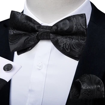 Классический черный мужской галстук-бабочка, деловой свадебный галстук-бабочка с Пейсли, набор квадратных запонок для мужчин, регулируемый узел-бабочка, бесплатная доставка