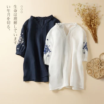 Limiguyue Винтажная блузка с этнической вышивкой, женские топы из тонкого льна с коротким рукавом, Летняя футболка, Белая темно-синяя повседневная одежда, женский U254