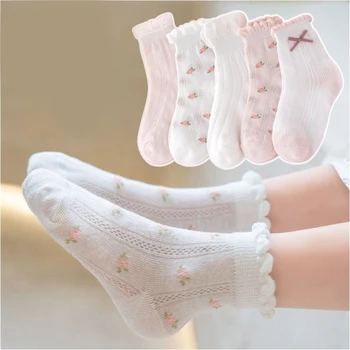 5 пар/лот, весенне-летние хлопковые носки для младенцев, Носки с милым цветочным рисунком для детей, Носки для маленьких девочек
