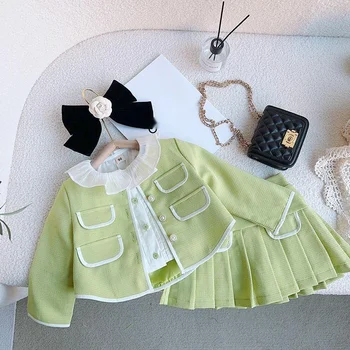 Весенне-осенний костюм Академии моды для девочек, пальто, юбка-полукомбинезон, комплект из двух предметов в складку