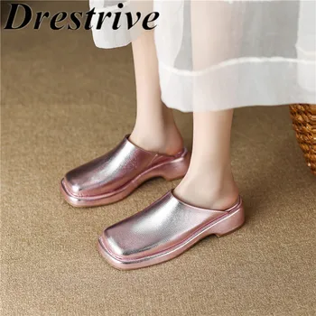 Drestrive 2023; Простые женские туфли-лодочки; Уличные тапочки на платформе; Шлепанцы из натуральной кожи на толстом каблуке; Летняя обувь с квадратным носком;