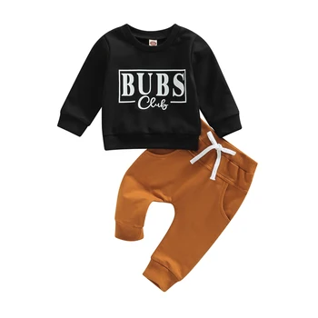 Комплект Одежды из 2 предметов для маленьких мальчиков, толстовки с буквенным принтом, круглый вырез, топы с длинными рукавами + однотонный комплект длинных брюк