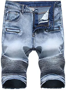 Мужские прямые облегающие байкерские джинсовые шорты с застежкой-молнией, 1764, серо-синий, W40