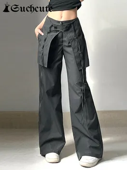 Модные готические Черные женские широкие брюки, уличная одежда, Бандажные Панковские Мешковатые брюки с карманами, повседневные брюки-карго с низкой талией.