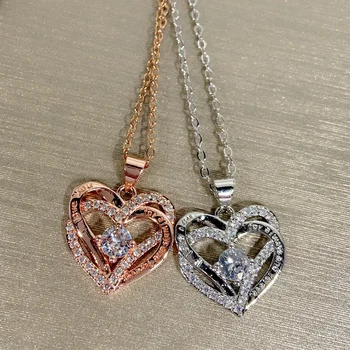 Блестящие женские ожерелья с подвеской в виде двойных сердечек из циркона, ювелирные изделия из розового золота, модная цепочка из серебра 925 пробы, ожерелье для ключиц, женская бижутерия