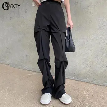 GBYXTY/ Женские брюки с рюшами в корейском стиле, осенние повседневные прямые брюки с высокой талией, уличная одежда, костюмные брюки, pantalon ZA2559