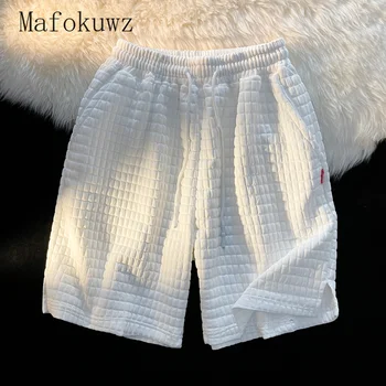 Mafokuwz Вафельные белые шорты, мужские летние полуботинки Унисекс свободного прямого кроя, универсальные спортивные повседневные брюки средней длины