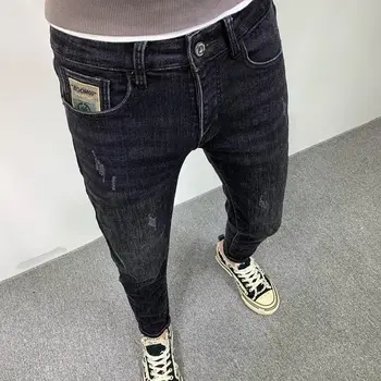 Весенне-осенние мужские роскошные джинсы, выстиранные, тонкие, Новые Корейские Черные Рваные Ковбойские стрейчевые Классические Мужские брюки в винтажном стиле
