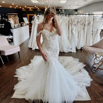 Angelsbridep Свадебное платье из тюля с аппликацией на плечах, платья для невесты, элегантное свадебное платье-русалка, новинка, халат для невесты, большие размеры