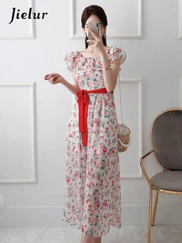 Новое Летнее Французское платье с цветочным рисунком, Женское Тонкое платье для пляжного отдыха, Яркое Корейское шифоновое платье с высокой талией, женское платье
