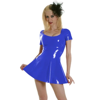 Модное простое женское мини-платье из ПВХ кожи, сексуальное платье с круглым вырезом и коротким рукавом, для вечеринки в ночном клубе, тонкое платье из блестящей искусственной кожи