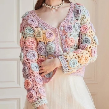 Женский свитер с радужными 3D цветами, пальто в стиле пэчворк, хит-цвет, Цветочные розы, вязаный кардиган, Трикотажные топы с V-образным вырезом и крючком