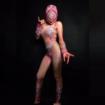 Розовый сексуальный комбинезон телесного цвета со стразами, танцевальная одежда для ночного клуба, бара, комбинезон для выступлений, костюм для вечеринки на выпускной, день рождения, игровая экипировка