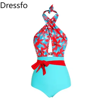 Dressfo Цельные купальники с тропическим цветочным принтом, перекрещивающийся холтер, мягкий бант, Высокая талия, цельный купальник для женщин, для купания