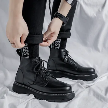 Мужские ботинки в британском стиле, черная повседневная обувь, ковбойские оригинальные кожаные ботинки, молодежная уличная одежда, красивые ботильоны на платформе со шнуровкой.