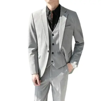 Серый мужской костюм Lansboter, 3 предмета, Однотонный Облегающий костюм для бизнеса, отдыха, коммерческих свадебных платьев, жакета, жилета с брюками
