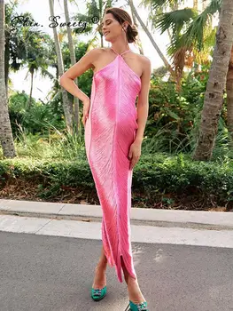 Сексуальное платье с кисточками, Женское вечернее платье с бахромой, Розовое Y2K, Облегающее Женское платье с длинной спинкой, 2022, Летнее Женское платье без рукавов с вырезом, Vestidos
