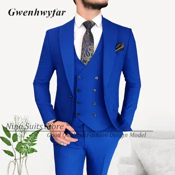 Модные костюмы жениха Королевского синего цвета G & N 2023 включают пиджак с отворотом на одной пуговице, Двубортный жилет и облегающие брюки