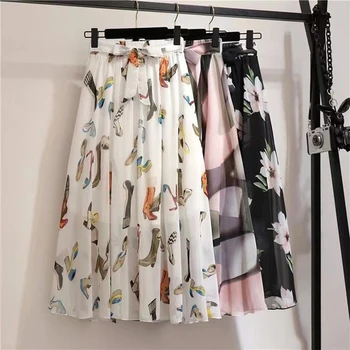 Длинная юбка Женская Весна Лето Корейская мода Белый Черный Цветочный принт Эстетичная юбка Миди с высокой талией Женская