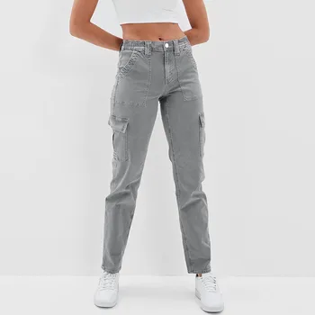 Новинка в джинсах для девочек-подростков, женские джинсы больших размеров, уличные свободные брюки-карго, джинсовые брюки с карманами, джинсы-стрейч с высокой талией