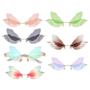 Солнцезащитные очки-бабочки Без оправы, солнцезащитные очки с крылом стрекозы, женские винтажные очки с прозрачными океанскими линзами, мужские солнцезащитные очки розового оттенка UV400