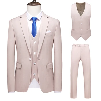 Wedding Suit for Men Spring Leisure Jacket Pink Notched Lapel 3 Piece（coat+pant+vest）slim Fit Blazers 2023 пиджак мужской костюм