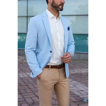 2023 Модный новый мужской повседневный бутик, однобортный небесно-голубой блейзер, брюки цвета хаки, 2 предмета (куртка + брюки)