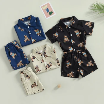 FOCUSNORM/ Комплекты джентльменской одежды для маленьких мальчиков от 0 до 4 лет с рисунком Медведя из мультфильма, рубашка с короткими рукавами и пуговицами с лацканами + шорты с карманами
