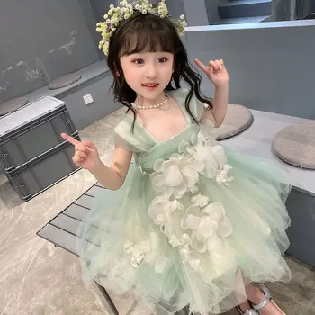 Летнее платье для девочек, Новое Корейское издание для маленьких девочек, Супер Бессмертное Подвесное платье, Платье принцессы из сетчатого материала Foreign Blossom Fairy