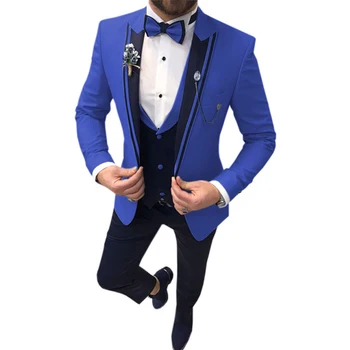 2021 Rolyal Синий Приталенный Красный Смокинг на Одной пуговице Для Жениха, Мужские Свадебные Костюмы Для Жениха на выпускной из 3 предметов (Куртка + брюки + Жилет)