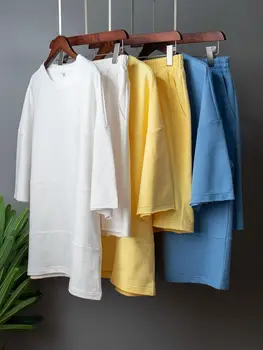 2023 Летний женский хлопковый спортивный костюм, Свободная белая футболка в стиле пэчворк ＆ Шорты с высокой талией, комплект из 2 предметов одежды