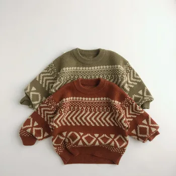 2023 Новые Зимние Детские Жаккардовые свитера в корейском стиле, утепленные теплые пуловеры, топы Унисекс, вязаный свитер с геометрическим рисунком для маленьких детей