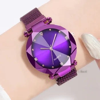 Новые модные женские Сетчатые часы с магнитной пряжкой и Звездным Небом, повседневные Роскошные женские кварцевые часы с геометрической поверхностью Relogio Feminino