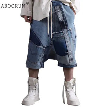 ABOORUN/ Мужские джинсовые шорты в стиле пэчворк неправильной формы в стиле хип-хоп, шорты с заниженной линией промежности, уличная одежда, укороченные джинсы оверсайз.