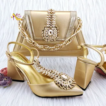 2023 Новый дизайн, модная повседневная сумка для пригородных поездок с блестящими украшенными бриллиантами туфлями на высоком каблуке, Нигерийский набор женских сумок для вечеринок с золотой обувью