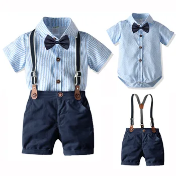Костюм джентльмена для маленьких мальчиков, летняя одежда для младенцев от 0 до 24 месяцев, рубашка в полоску с бантом для новорожденных + шорты на подтяжках, праздничная одежда для дня рождения мальчика