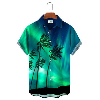 Fieryshirts Гавайская рубашка с нагрудным карманом цвета кокосовой пальмы Aurora Ombre, курортная рубашка большого размера