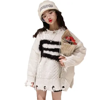 Новейший свитер для детей и девочек, Корейский повседневный трикотаж с круглым воротником, пуловеры, топы, подростковая мода, Дизайн с дырками, Классная одежда