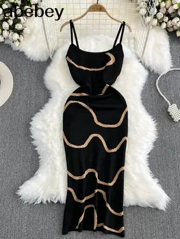 Черное летнее трикотажное сексуальное платье на бретелях, женский сарафан-футляр с высокой талией, женское пляжное длинное платье без спинки.