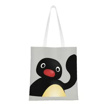 Кавайный Пингу, размахивающий сумкой для покупок, перерабатывающий Пингвин, Холщовая сумка для покупок, сумка для покупок через плечо
